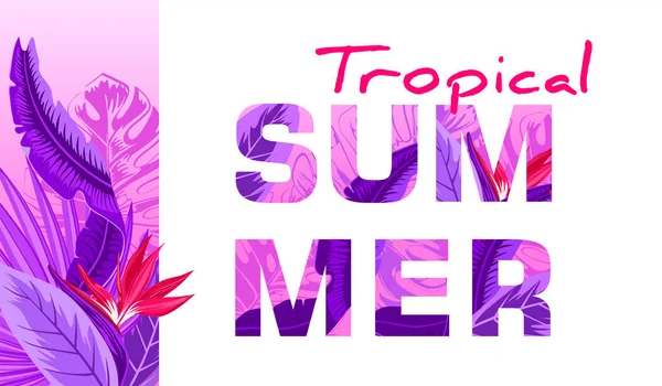 Tropisches Sommerbanner Mit Tropischen Blumen Palmblättern Dschungelpflanzen Hibiskus Paradiesvogel Exotischen — Stockfoto