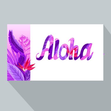 Aloha. Tropik çiçekler ile yaz banner, palmiye yaprakları, orman bitkileri, ebegümeci, cennet kuşu çiçeği, afiş, broşür, davetiye, poster, web sitesi veya tebrik kartı için egzotik çiçek tasarım. 