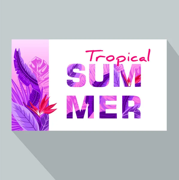 Tropisches Sommerbanner Mit Tropischen Blumen Palmblättern Dschungelpflanzen Hibiskus Paradiesvogel Exotischen — Stockvektor