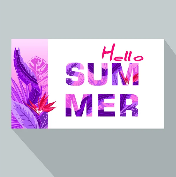 Hello Summer Banner Tropical Flowers Palm Leaves Jungle Plants Hibiscus — Stock Vector