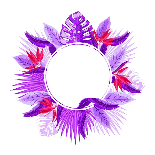 Palm leaves and exotic flowers round frame. Tropical greeting card. Beautiful floral exotic frame isolated on white background.