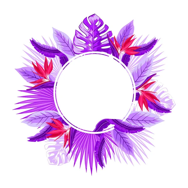 Palm leaves and exotic flowers round frame. Tropical greeting card. Beautiful floral exotic vector frame isolated on white background.