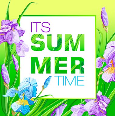 Yaz saati afiş ile mavi ve mor çiçekler, çiçek Iris tasarım afiş, el ilanı, davet, poster, afiş, web sitesi veya tebrik kartı. 