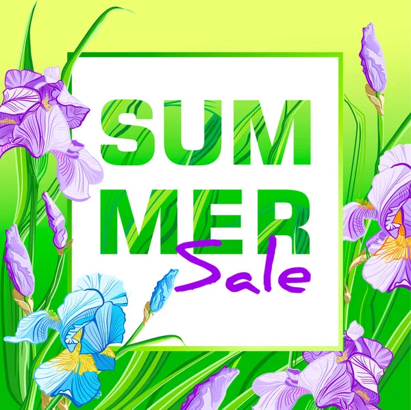 Summer sale banner with blue and purple flowers, flower iris design for banner, flyer, invitation, poster, placard, web site or greeting card.
