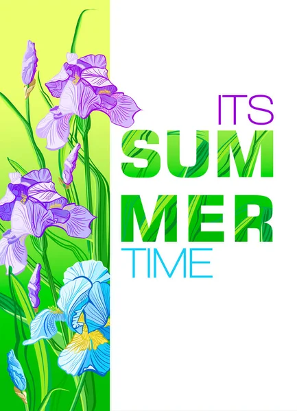 青と紫の花 バナー チラシ 招待状 ポスター プラカード Web サイト またはグリーティング カードの花アイリスのデザインで夏の時間バナー — ストック写真