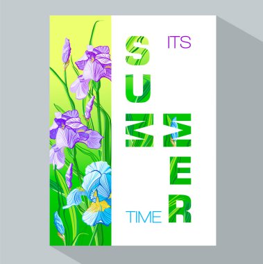 Yaz saati afiş ile mavi ve mor çiçekler, çiçek Iris tasarım afiş, el ilanı, davet, poster, afiş, web sitesi veya tebrik kartı için. Vektör çizim