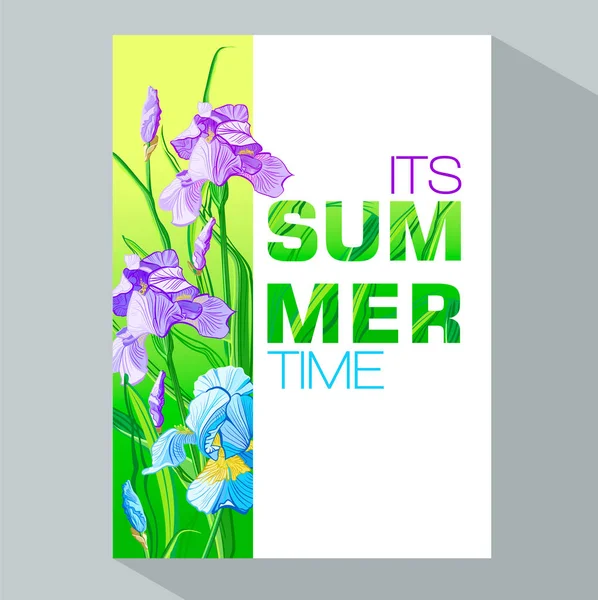 Banner Horario Verano Con Flores Azules Moradas Diseño Iris Flores — Vector de stock
