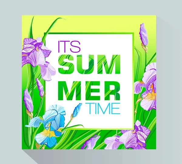 青と紫の花 バナー チラシ 招待状 ポスター プラカード Web サイト またはグリーティング カードの花アイリスのデザインで夏の時間バナー — ストックベクタ