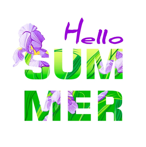 你好夏季标题在一个背景与花虹膜 负空间趋势 夏季天然标语牌 横幅请柬 — 图库照片