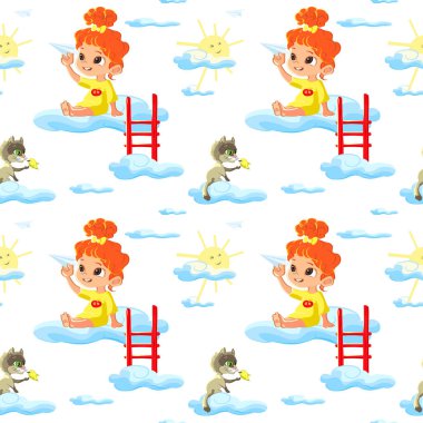Bulutlar bir kağıt uçak ve kuş ile kedi ile oynarken küçük kız olan çocuklar için seamless modeli. Yaratıcı çocuklar doku sarma, tekstil, duvar kağıdı, giyim kumaş için. 