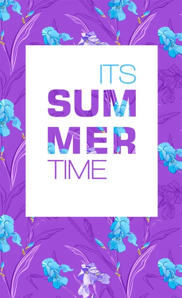 Banner Horario Verano Con Flores Azules Púrpuras Diseño Iris Flores — Foto de Stock