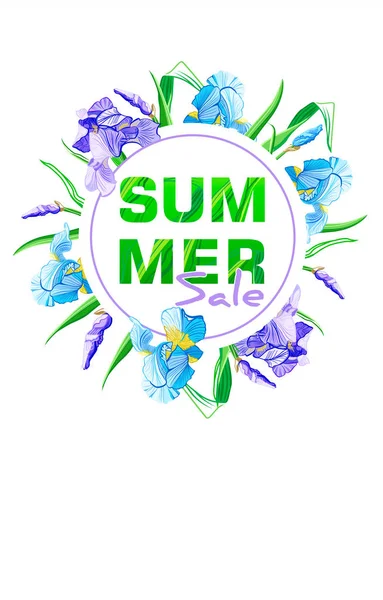 Sommerschlussverkauf Banner Mit Blauen Und Lila Blumen Blume Iris Design — Stockfoto