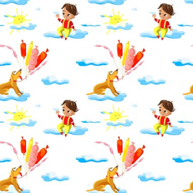 Küçük çocuk bulutlar bir kağıt uçak ve balonlar ile köpek oynamaya olan çocuklar için seamless modeli. Yaratıcı çocuklar doku sarma, tekstil, duvar kağıdı, giyim kumaş için. 