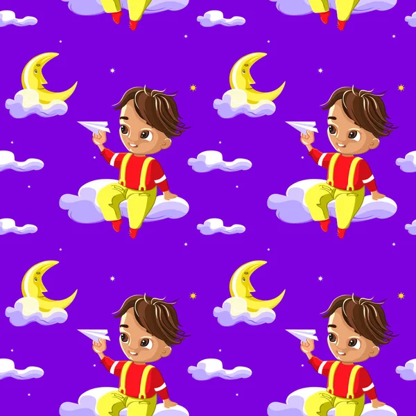 Seamless Pattern for Children with cute moon, night sky , little boy playing on clouds with a paper airplane. Creative kids texture for fabric, wrapping, textile, wallpaper, apparel.
