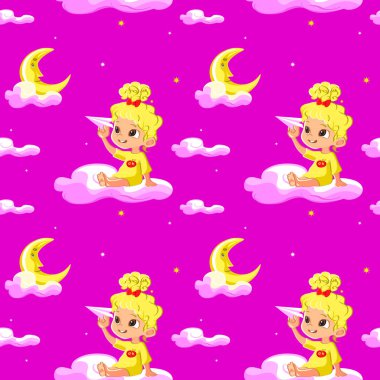 Vektör şirin ay, gece gökyüzü, bulutlar bir kağıt uçak ile oynarken küçük kız olan çocuklar için Seamless modeli. Yaratıcı çocuklar doku sarma, tekstil, duvar kağıdı, giyim kumaş için. 