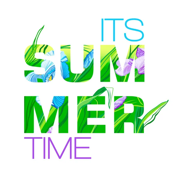 夏天时间标题在背景与花虹膜 负空间趋势 夏季天然标语牌 横幅请柬 — 图库照片
