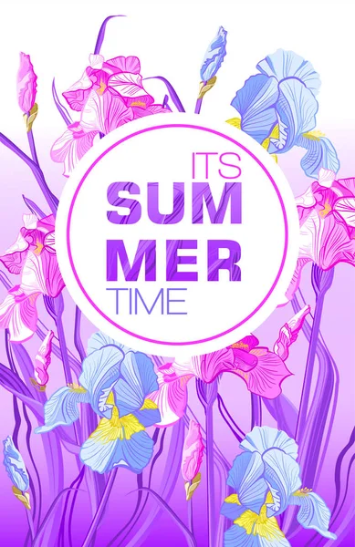 Summer Time banner with blue and purple flowers, flower iris design for banner, flyer, invitation, poster, placard, web site or greeting card.