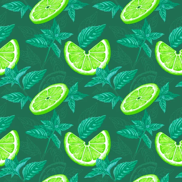 Patrón Sin Costura Cal Menta Boceto Tinta Limones Jengibre Menta — Vector de stock