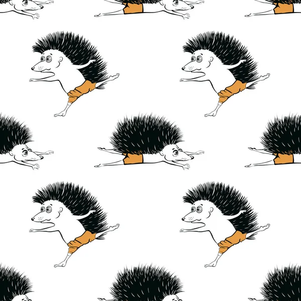 Seamless pattern with cartoon hedgehog does yoga. Healthy lifestyle concept. Use for postcards, print for t-shirts, posters, textile.