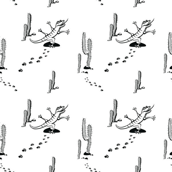 Векторный Бесшовный Рисунок Мультяшными Ящерицами Делает Йогу Фоне Пустыни Кактусами Лицензионные Стоковые Иллюстрации