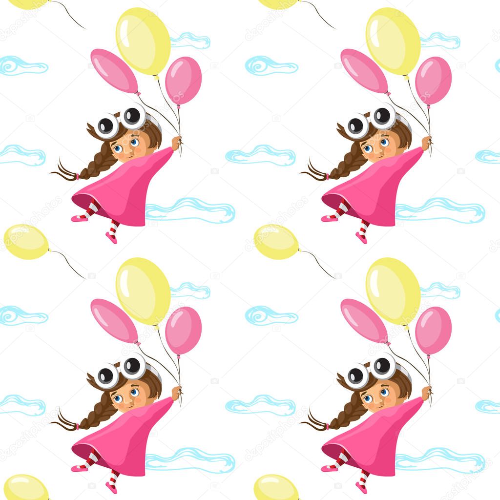 Vector seamless pattern with funny little girl flying with a kite, in cartoon. Ideal for cards, invitations, party, banners, kindergarten, baby shower, preschool and children room decoration
