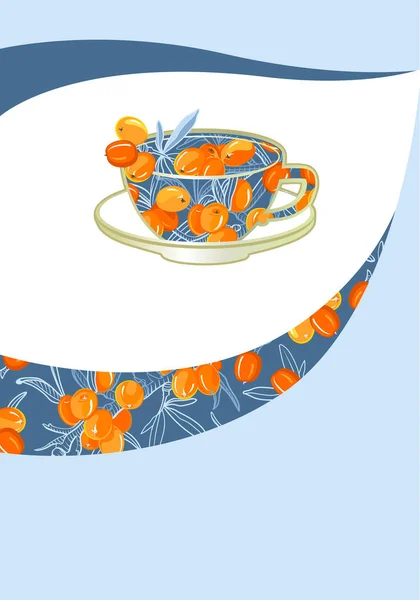 Tea Branding and Packaging with Cup of tea with Sea buckthorn. Brochure flyer design template.  Sea buckthorn tea.  Hand drawn eco design for fabric and packaging- tea.