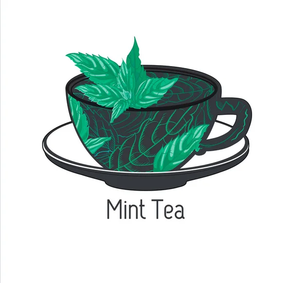 Template for brand mint tea company, factory of tea, shop, bar. Tea Branding with Cup of tea with Mint leaves. Design element for business card, banner, template, brochure template.