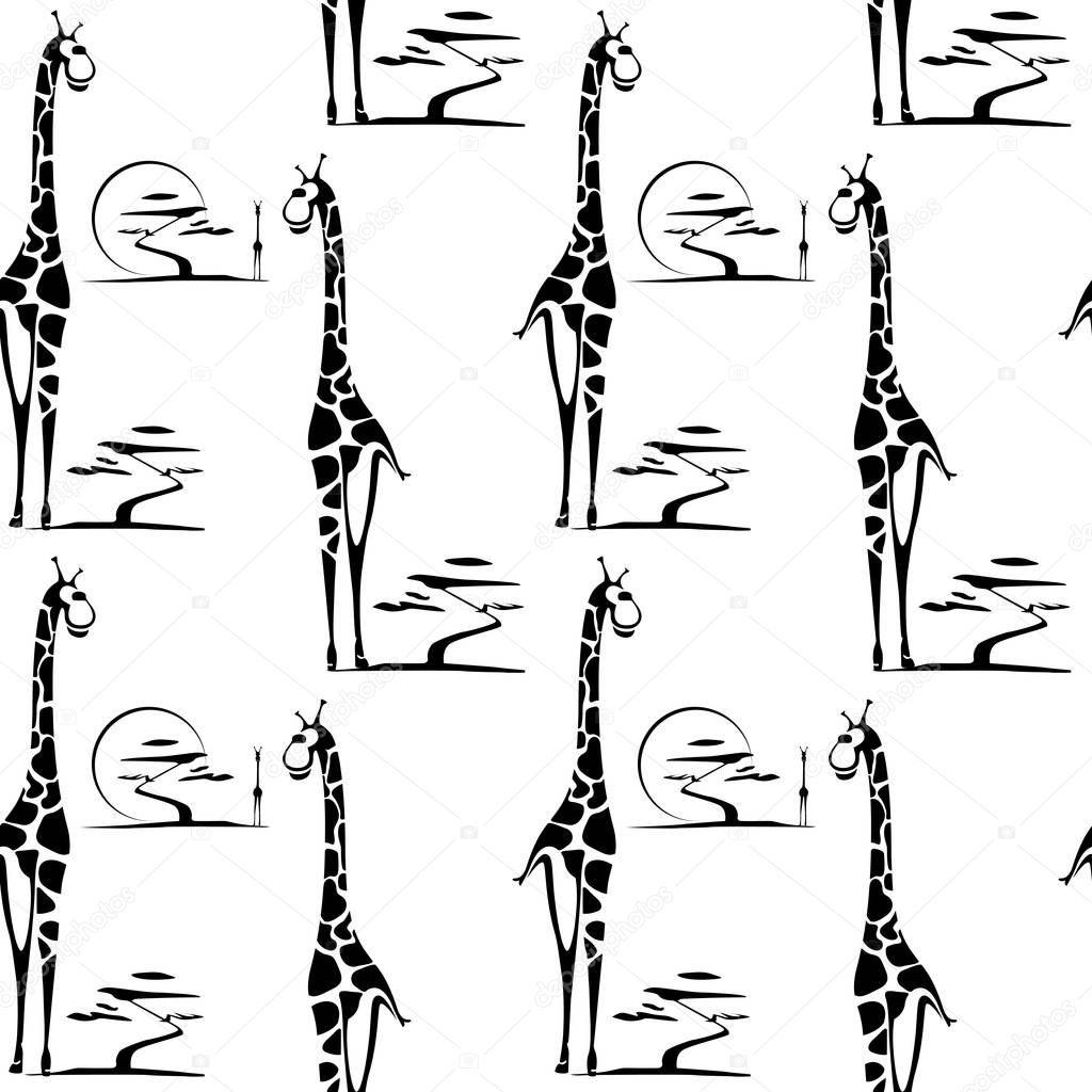 Giraffe seamless pattern with trees. Safari wild animal background for textile, wrapping. 