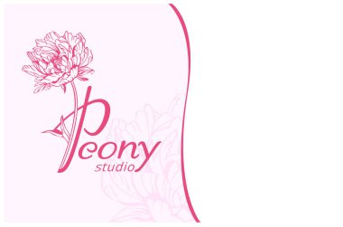 Şakayık logosu. Kartvizittasarım şablonu monogram harf P ve beyaz arka plan üzerinde pembe şakayık çiçekleri ile. Doğal kozmetik, parfüm, kadın ürünleri için romantik tasarım. Şakayık stüdyosu.