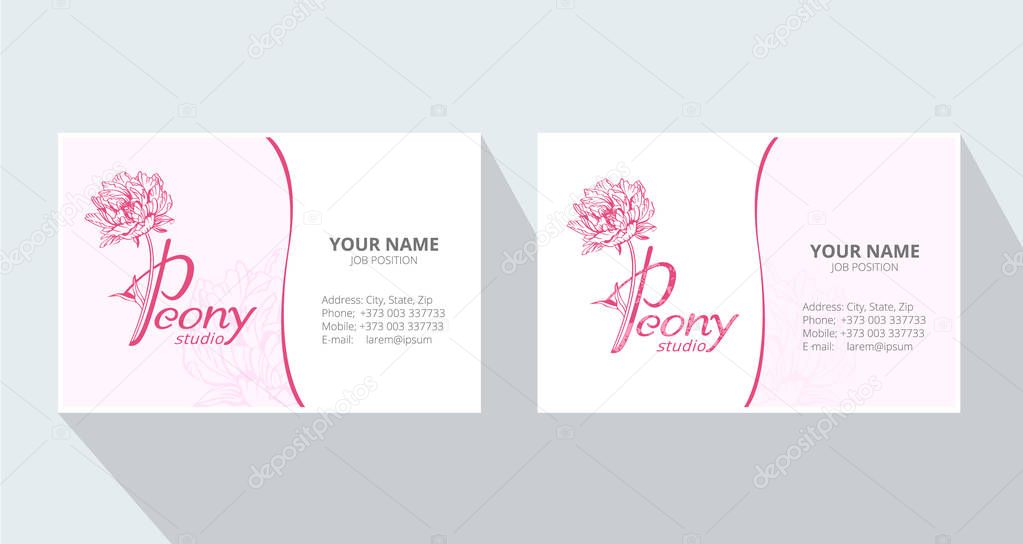 Peony logo. Vector business cards design template with monogram letter P and pink peony flowers on white background. Romantic design for natural cosmetics, perfume, women products. Peony studio.