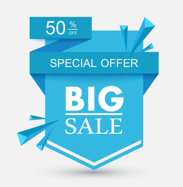 Mavi büyük satış ve özel fırsat vektör etiketi üzerinde beyaz izole