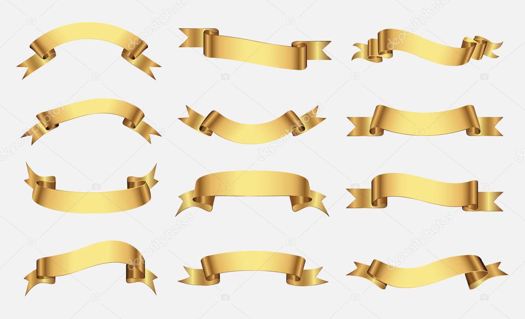 Set of golden ribbons on white background