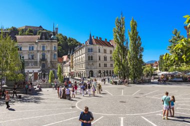 Ljubljana, Slovenya - 2013: Preseren Meydanı çevresinde yürüyüş Turizm ile