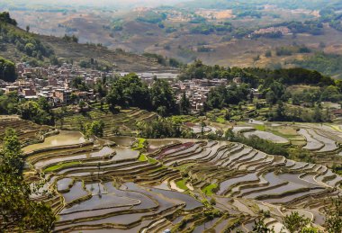 Çin 'in güneydoğusundaki Yunnan eyaletinin Honghe ilindeki Yuanyang pirinç teraslarının hava manzarası.
