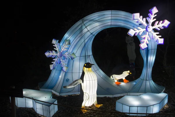 Winterlandschap Met Pinguïn Lichte Objecten China Light Festival — Stockfoto