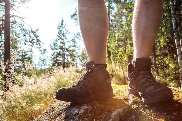 Legs in hiking shoes. Man solo travel hiking in nordic mountains active healthy lifestyle adventure. Travel and vacation concept