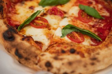 Domates, fesleğen ve Mozzarella peynirli pizza..