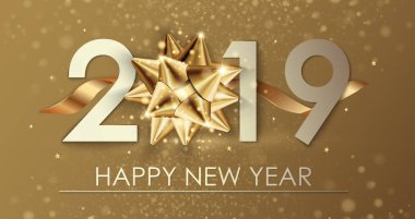 Mutlu yıllar 2019 kış tatili tebrik kartı tasarım şablonu. Parti posteri, afiş ya da davetiye yıldızların parıldayan konfeti süslemesi. Altın hediye yayı ile vektör arkaplan