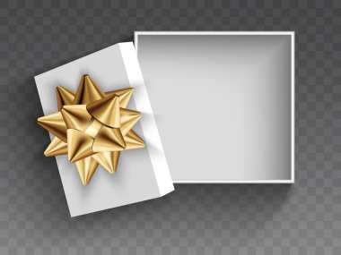 Altın Yay ile açık beyaz hediye kutusu. Resimde saydam bir arka plan üzerinde göl kenarında. Vektör Eps10