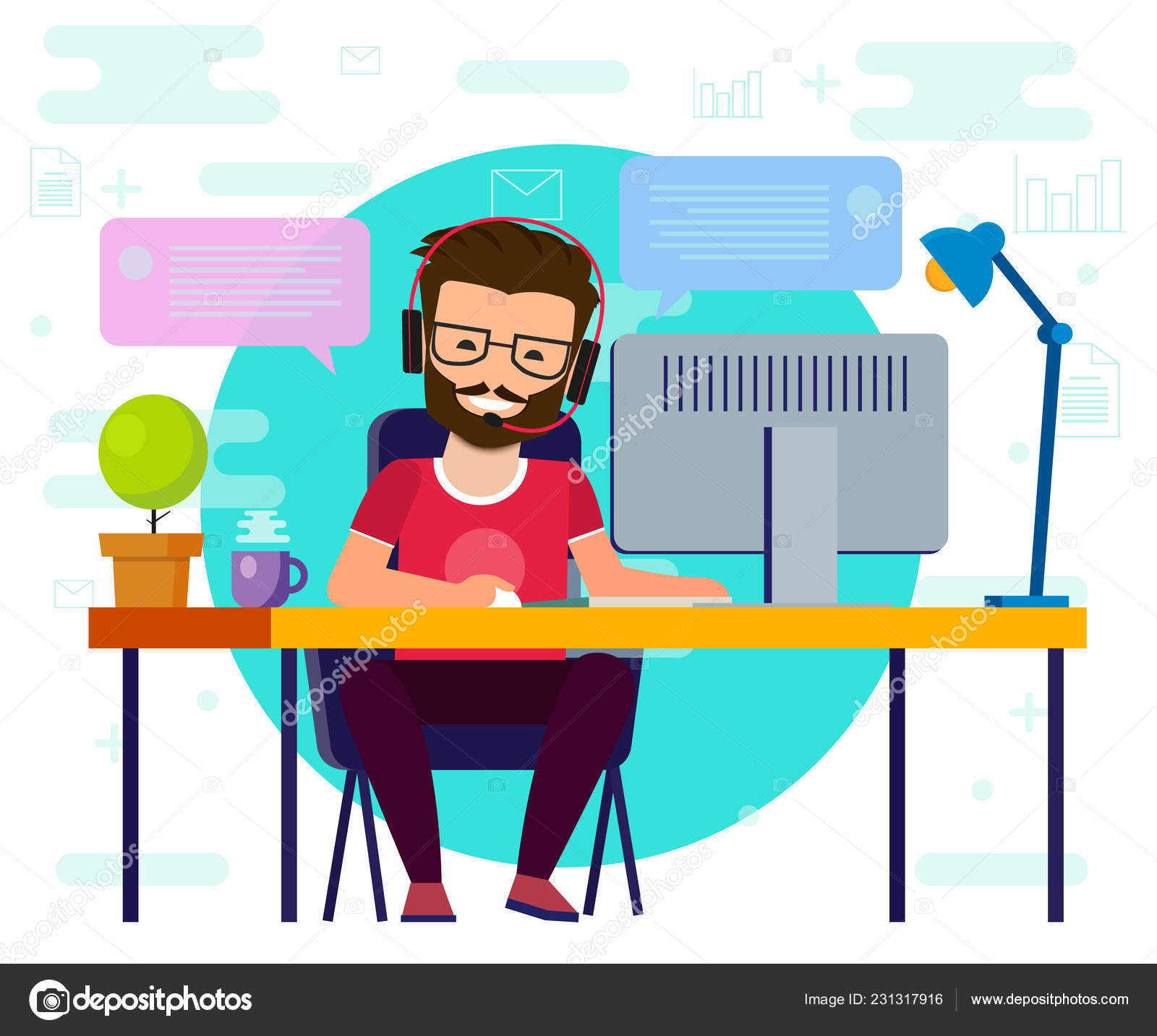 Man Working Computer Work Desk Flat Cartoon Person Character Idea