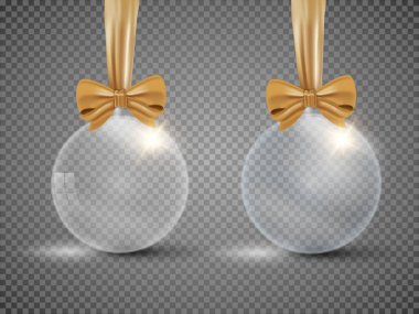 Beyaz arka plan üzerinde izole kurdele ile cam saydam Noel top. Vektör çizim.