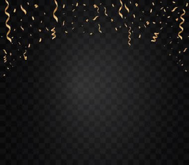 Altın konfeti ve şeffaf arka plan üzerine düşen şerit. Kutlama. Vektör çizim Eps10