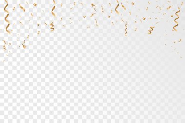 Altın konfeti ve şeffaf arka plan üzerine düşen şerit. Kutlama. Vektör çizim Eps10