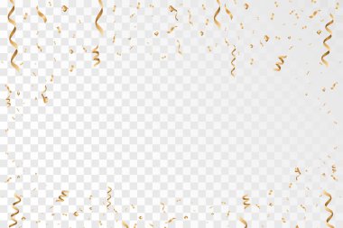Altın konfeti ve şeffaf arka plan üzerine düşen şerit. Kutlama. Vektör çizim Eps10
