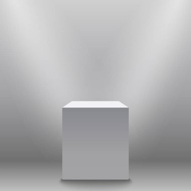 Kaide, beyaz boş 3d podyum ve sahne ışıkları illüstrasyon vektör. Sergi için bir yer. Vektör Eps10