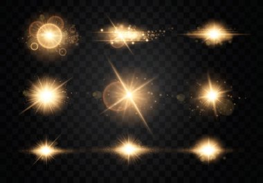 Ayarlayın. Parlayan yıldız, Güneş parçacıklar ve kıvılcım vurgu efekti, renk bokeh ışıklar glitter ve payetler. Karanlık bir arka plan üzerinde şeffaf. Vektör, Eps10