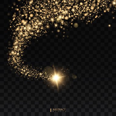 Kozmik ışıltılı dalga. Altın ışıltılı toz iz köpüklü parçacıkları şeffaf arka plan üzerinde yıldız. Uzay kuyruklu yıldız kuyruk. EPS 10 vektör