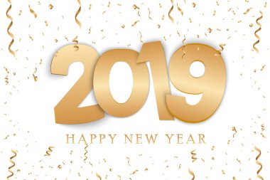 Yeni Yılınız Kutlu Olsun. Tebrik kartı altın numaraları tasarımı. Altın parlayan deseni konfeti. Happy New Year Banner 2019 numaraları ile. Vektör çizim Eps10.