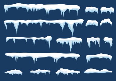 Buz saçakları, kar örtüsü. Kış arka planında karlı elementler. Çizgi film tarzında vektör şablonu