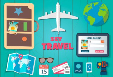 Seyahat kümesi. Dünya için. Tatil. Yola gidiyoruz. Turizm. Uçak, deniz, plaj ve diğer gezi